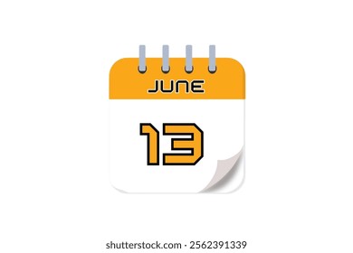 13 June month single day vector, illustration, calendar with yellow, black and white color background calendar June 13