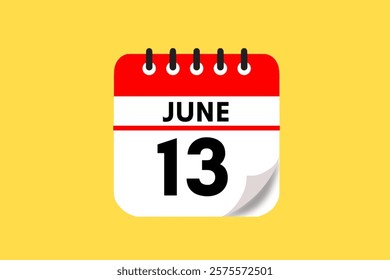 13 June month single day vector, illustration, calendar with red, black, white and yellow color background calendar June 13