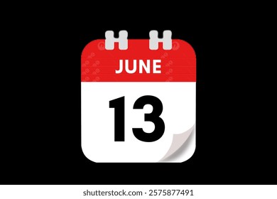 13 June month single day vector, illustration, calendar with red, gray, white and black color background calendar June 13