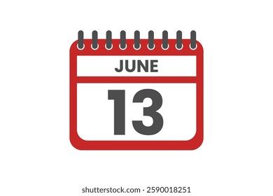 13 June month single day vector, illustration, calendar with red, black and white color background calendar June 13