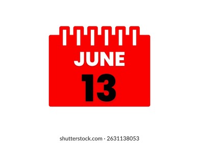 13 de junio mes Vector de un solo día, ilustración, calendario con rojo, negro y blanco color de fondo icono de calendario del 13 de junio