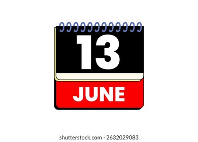 13 junho mês vetor dia único, ilustração, calendário com vermelho, preto e branco ícone de calendário de fundo de cor de 13 de junho