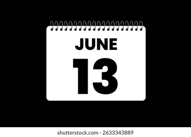 13 June month single day vector, illustration, calendar with black and white color background calendar icon of June 13