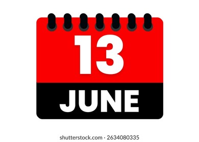13 June month single day vector, illustration, calendar with red, black and white color background calendar icon of June 13