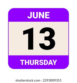 13 de junio, jueves. Plantilla de fecha. Diseño útil para la promoción de calendarios o eventos. Ilustración vectorial Archivo EPS 10. Aislado sobre fondo blanco. 