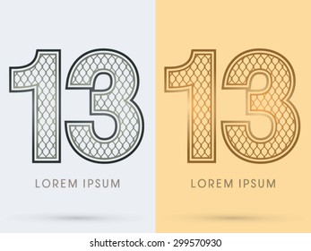13, Luxury Font, Concept  Gold and Silver, Wire Mesh, steel, net, graphic vector
