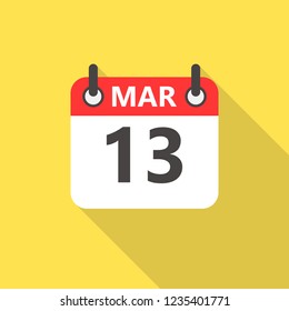 13 march calendar flat style icon with long shadow.