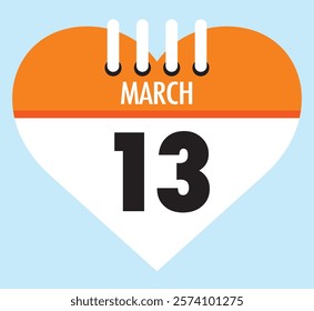 13 March calendar icon orange heart shape on light sky blue color background, calendar vector symbol for the month of March.