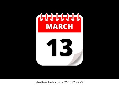 Diseño web mensual de la página de texto del ícono del calendario del 13 de marzo en el Vector, el ícono o la ilustración del fondo rojo, blanco y negro con el mes del 13 de marzo