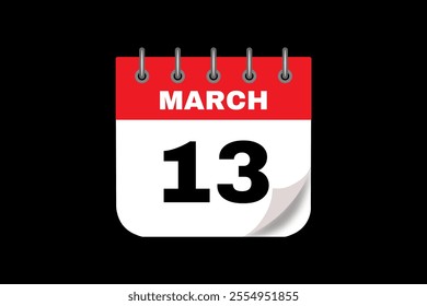 13 March calendar icon text page monthly web design on red, white and black background vector, icon, or illustration with the month of March 13