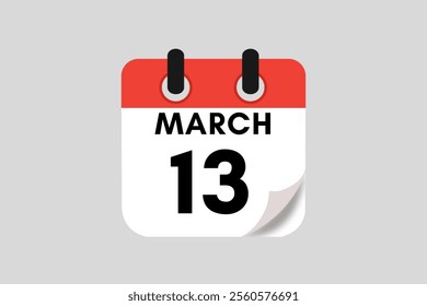 13 March calendar icon text page monthly web design on red, white, black and ash background vector, icon, or illustration with the month of March 13