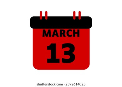 13 March calendar icon text page monthly web design on red, black and white background vector, icon, or illustration with the month of March 13