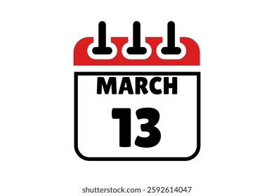 13 March calendar icon text page monthly web design on red, black and white background vector, icon, or illustration with the month of March 13