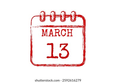 13 March calendar icon text page monthly web design on red and white background vector, icon, or illustration with the month of March 13