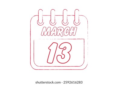 13 March calendar icon text page monthly web design on red and white background vector, icon, or illustration with the month of March 13