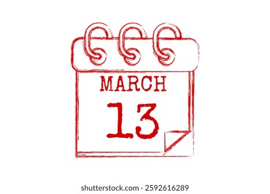 13 March calendar icon text page monthly web design on red and white background vector, icon, or illustration with the month of March 13