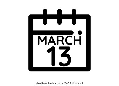 13 March calendar icon text page monthly web design on black and white background vector, icon, or illustration with the month of March 13