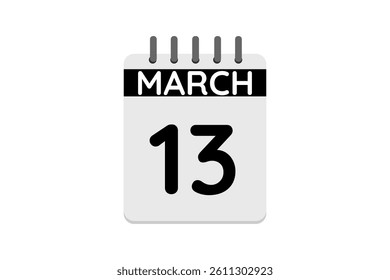 13 March calendar icon text page monthly web design on black and white background vector, icon, or illustration with the month of March 13