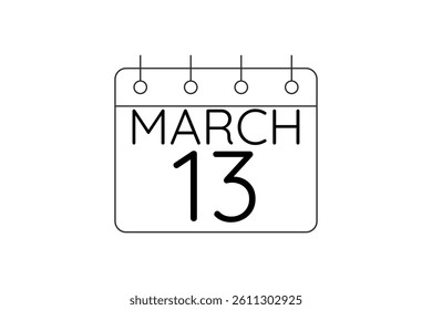 13 March calendar icon text page monthly web design on black and white background vector, icon, or illustration with the month of March 13