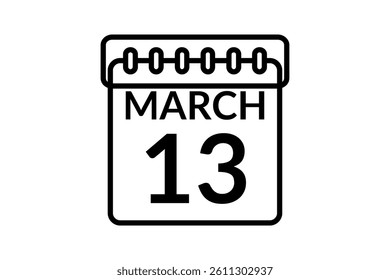 13 March calendar icon text page monthly web design on black and white background vector, icon, or illustration with the month of March 13