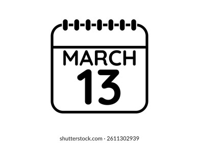 13 March calendar icon text page monthly web design on black and white background vector, icon, or illustration with the month of March 13