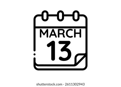 13 March calendar icon text page monthly web design on black and white background vector, icon, or illustration with the month of March 13
