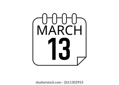 13 March calendar icon text page monthly web design on black and white background vector, icon, or illustration with the month of March 13