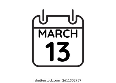 13 March calendar icon text page monthly web design on black and white background vector, icon, or illustration with the month of March 13