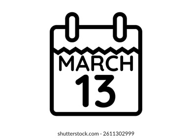 13 March calendar icon text page monthly web design on black and white background vector, icon, or illustration with the month of March 13