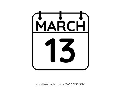 13 March calendar icon text page monthly web design on black and white background vector, icon, or illustration with the month of March 13