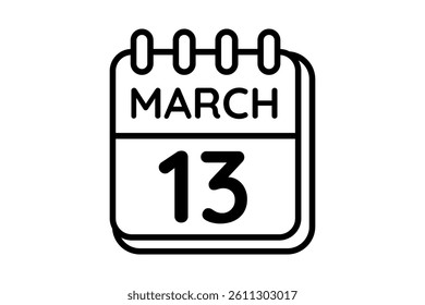 13 March calendar icon text page monthly web design on black and white background vector, icon, or illustration with the month of March 13