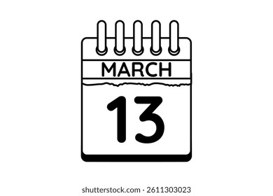 13 March calendar icon text page monthly web design on black and white background vector, icon, or illustration with the month of March 13
