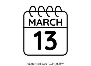 13 March calendar icon text page monthly web design on black and white background vector, icon, or illustration with the month of March 13