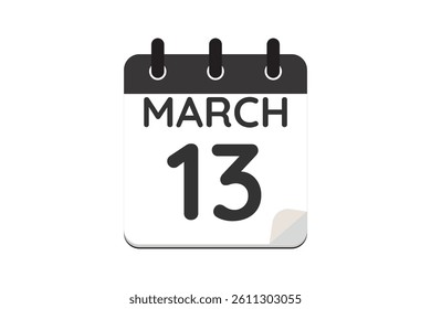 13 March calendar icon text page monthly web design on black and white background vector, icon, or illustration with the month of March 13