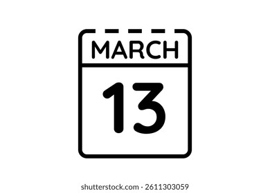 13 March calendar icon text page monthly web design on black and white background vector, icon, or illustration with the month of March 13