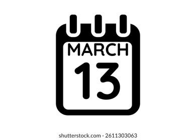 13 March calendar icon text page monthly web design on black and white background vector, icon, or illustration with the month of March 13