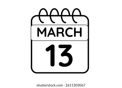13 March calendar icon text page monthly web design on black and white background vector, icon, or illustration with the month of March 13