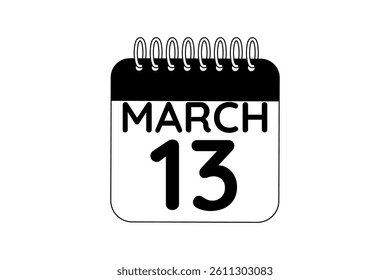 13 March calendar icon text page monthly web design on black and white background vector, icon, or illustration with the month of March 13
