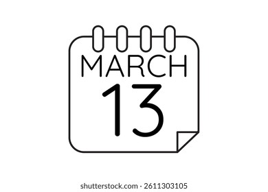 13 March calendar icon text page monthly web design on black and white background vector, icon, or illustration with the month of March 13