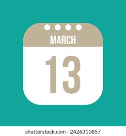 13 March calendar vector icon. White March date for the days of the month and the week on a light background