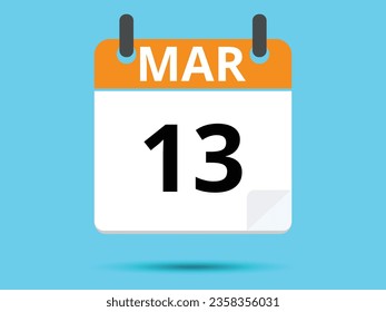 13 March. Flat icon calendar isolated on blue background. Vector illustration.