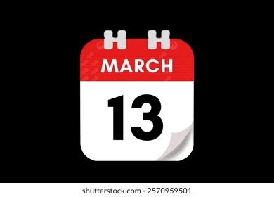 13 March month single day vector, illustration, calendar with red, gray, white and black color background calendar March 13