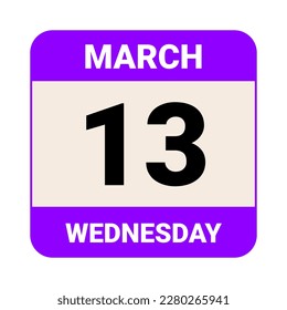 13 de marzo, miércoles. Plantilla de fecha. Diseño útil para la promoción de calendarios o eventos. Ilustración vectorial Archivo EPS 10. Aislado sobre fondo blanco. 