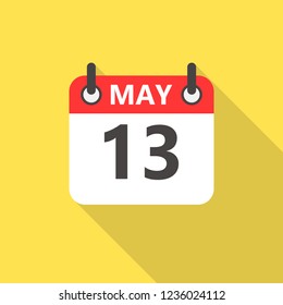 13 may calendar flat style icon with long shadow.