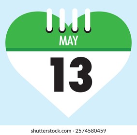 13 May calendar icon green heart shape on light sky blue color background, calendar vector symbol for the month of May.