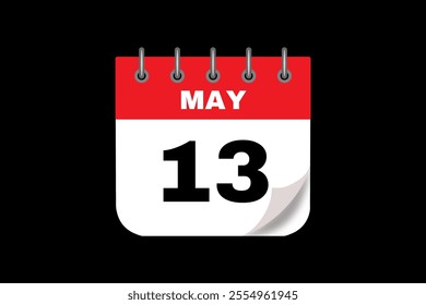 13 May calendar icon text page monthly web design on red, white and black background vector, icon, or illustration with the month of May 13