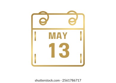 13 May calendar icon text page monthly web design on golden and white background vector, icon, or illustration with the month of May 13