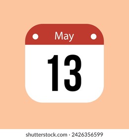 13  May calendar vector icon. Red May date for the days of the month and the week on a light background