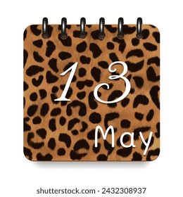 13 May. Leopard print calendar daily icon. White letters. Date day week Sunday, Monday, Tuesday, Wednesday, Thursday, Friday, Saturday.