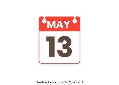 13 de mayo Mes Vector de un solo día, ilustración, calendario con rojo, negro y blanco Icono de calendario de fondo de color de 13 de mayo